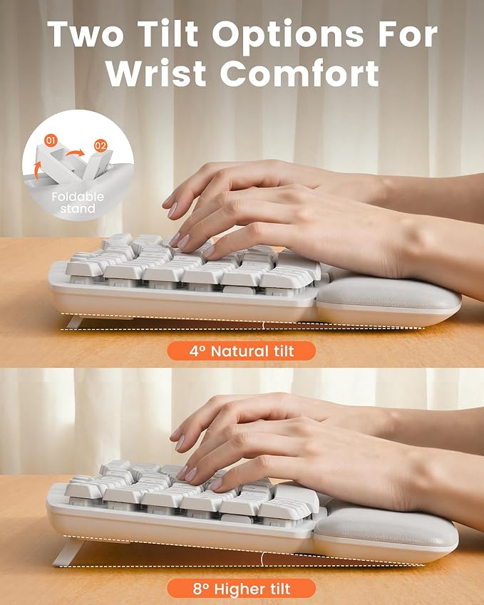 White Wireless Keyboard and Mouse Combo for MacBook & Windows, 30dB Quiet Ergonomic Keyboard Set with Wave Keys & Soft Palm Rest, Silent Typing, Dual-System Switch, Ideal for Home Office—Sablute - Image 4