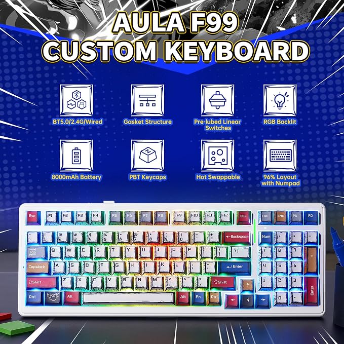 Aula F99 Wireless Mechanical Keyboard Creamy Computer Gaming Keyboards | 8000mAh Rechargeable,Hot Swappable Custom,RGB Backlit,Tri-Mode BT5.0/2.4GHz/USB-C,Pre-lubed Linear Switches,Gasket Structure - Image 2