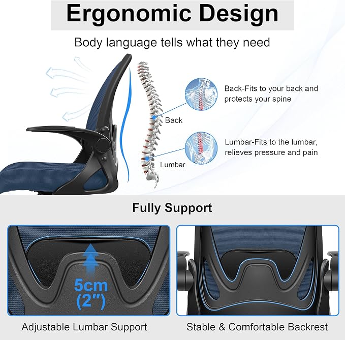 Drafting Chair Tall Office Chair with Flip-up Armrests, Adjustable Height, Enhanced Lumbar Support Ergonomic Rolling Stool, Back Support, Adjustable Foot Rest Ring for Standing Desk Navy - Image 3