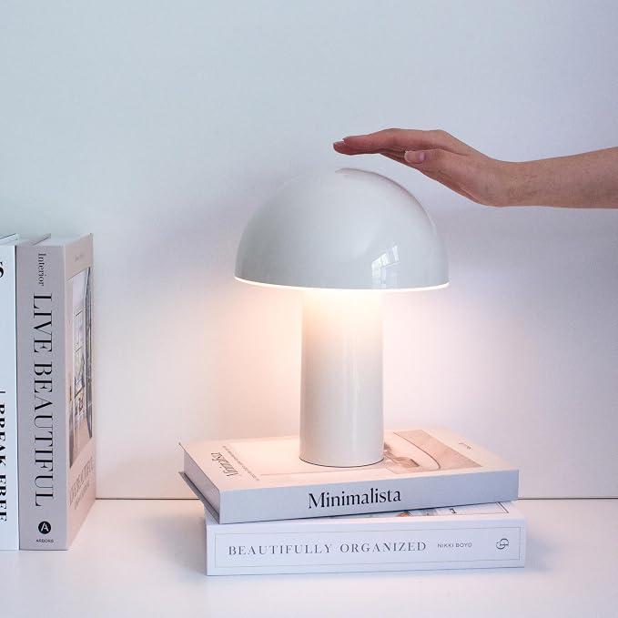 Brightech Celia Table Lamp – 10" Touch-Controlled Mushroom Small Lamp, Cordless & Dimmable LED, Portable Bedside Night Light, Sustainable Mood Light, Recycled Modern Patio Lamp for Home Décor – Cream - Image 4