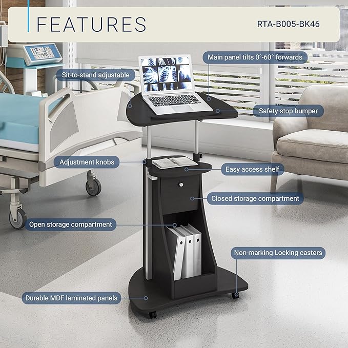 Techni Mobili Adjustable Height Rolling Laptop Cart with Storage, Black | Adjustable height rolling laptop cart with storage, open shelf, wheels, sit‑to‑stand ideal for podium office medical use - Image 4