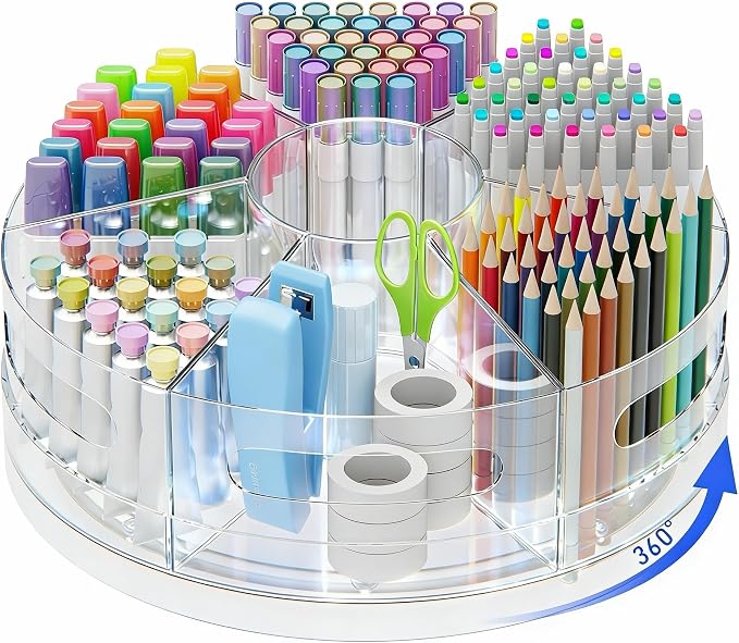 CraftGenes Clear Rotating Organizer, Acrylic Pen Holder, Marker Organizer | Pen organizer for desk and art supply organizer with 7 removable sections for markers, pencils, brushes, and office supplies. by CraftGenesTools