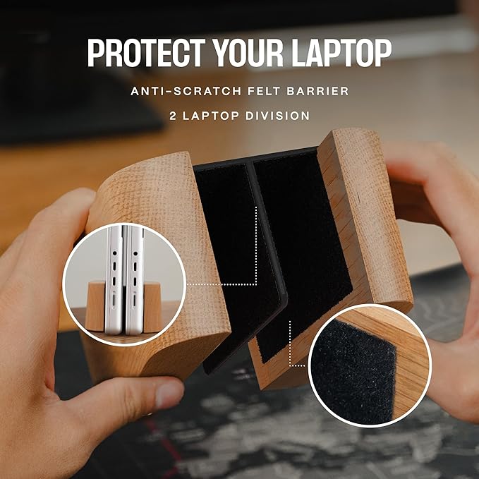 COREMINDED Adjustable Dual Vertical Laptop Stand for Desk, Wooden Laptop Holder, MacBook Pro Stand, Wood Mac Air Dock - Image 4
