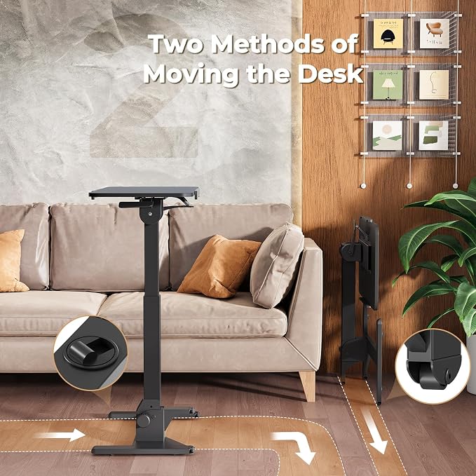 JOY worker Foldable Rolling Standing Desk, 180° Tilt Overbed Bedside Table | Height Adjustable, 31.5" Black MDF Top with Lips, Collapsible Top & Base for Storage, Poratble Mobile Desk for Home Hospital - Image 7