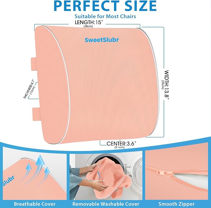SweetSlubr Lumbar Support Pillow for Office Chair, Back Support(Pink,XL) | 4.7" Thick, Memory Foam, Adjustable Straps, Machine Washable Mesh Cover, Lower Back Pain Relief for Office, Car & Gaming - Image 2