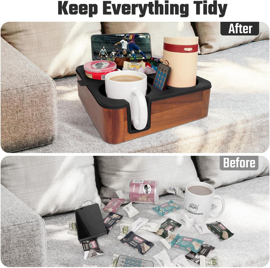 Couch Cup Holder Tray, Real Acacia Wooden Caddy with Soft Silicone, Snack and Drink Organizer- Perfect Movie Night Accessories for Bed, Remote and Cup Holders for Sofa (Black) - Image 3