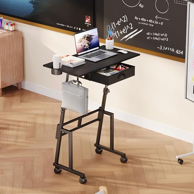Adjustable Height Standing Desk with Drawer, Rolling Sit to Stand Up Desk | Height 31.5"-43.3" Small Mobile Laptop Standing Desk for Treadmill Walking Pad with Wheels, Movable Classroom Podium (Black) - Image 4