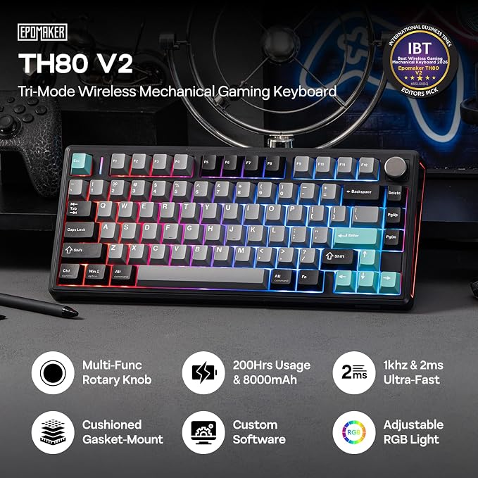 EPOMAKER TH80 V2 75% Wireless Mechanical Keyboard with Metal Knob, 8000mAh | 2.4Ghz/BT/USB-C, RGB, Hot Swap, Custom Driver, PBT Keycap, Wireless Gaming Keyboard for PC/Mac (Black, Creamy Jade) - Image 2
