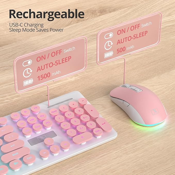 Backlit Pink Keyboard and Mouse Wireless, 2.4GHz Light Up Typewriter Rechargeable Quiet Keyboard Cordless with USB Receiver for PC/Laptop(Pink) - Image 2