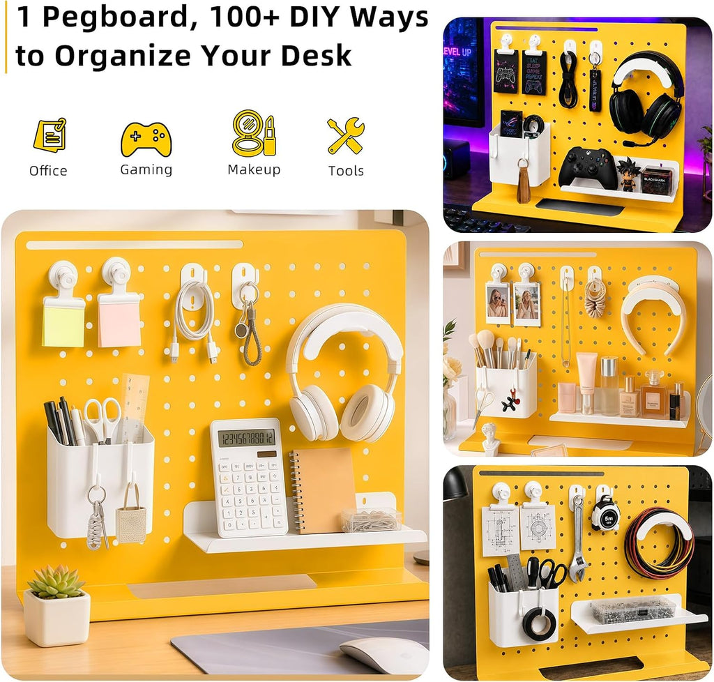 Metal Desk Pegboard Organizer, No Drill Modular Storage Kit 10 Accessories 15.8x11.8in White Yellow for Office Vanity - Image 2