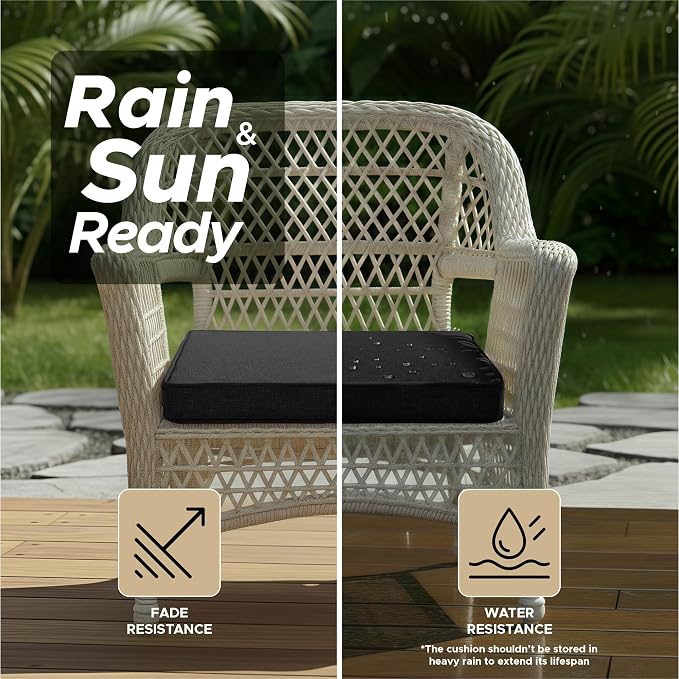 Outdoor Chair Cushions, Set of 6, 19 x 19 Inch, Black | Water Resistant, Fade Resistant, Patio Furniture Square Seat Replacement, Removable Cover with Ties, Non-Slip Bottom - Image 3