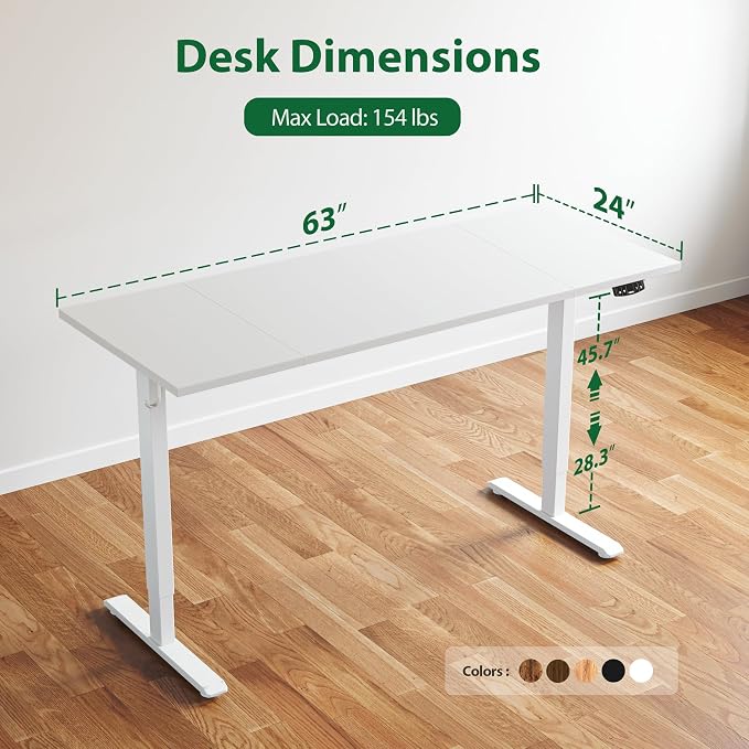 Agilestic Electric Height Adjustable Standing Desk, 63 Inch, White | Smooth Height Adjustment, Memory Presets, Hooks, Stable Steel Frame,154 lbs Capacity, Easy Assembly, Splice Board - Image 3