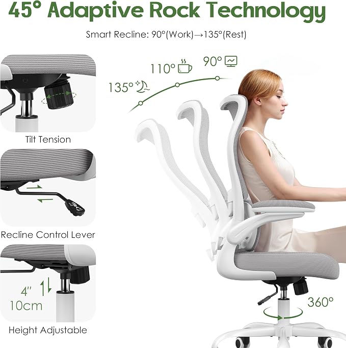 Office Chair Ergonomic Desk Chair - Comfy Mesh High Back Office Chair with Lumbar Support Wheels Home Desk Office Chairs Flip up Armrest Executive Rolling Swivel Task Work Computer Chair Grey - Image 8