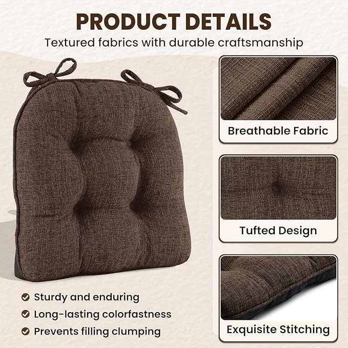 downluxe Indoor Chair Cushions for Dining Chairs, Tufted Overstuffed Textured Foam Kitchen Chair Pads with Ties and Non-Slip Backing, 15.5" x 15.5" x 4", Brown, 4 Pack - Image 5