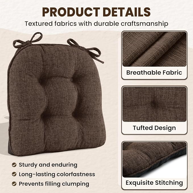 downluxe Indoor Chair Cushions for Dining Chairs, Tufted Overstuffed Textured Foam Kitchen Chair Pads with Ties and Non-Slip Backing, 15.5" x 15.5" x 4", Brown, 6 Pack - Image 5