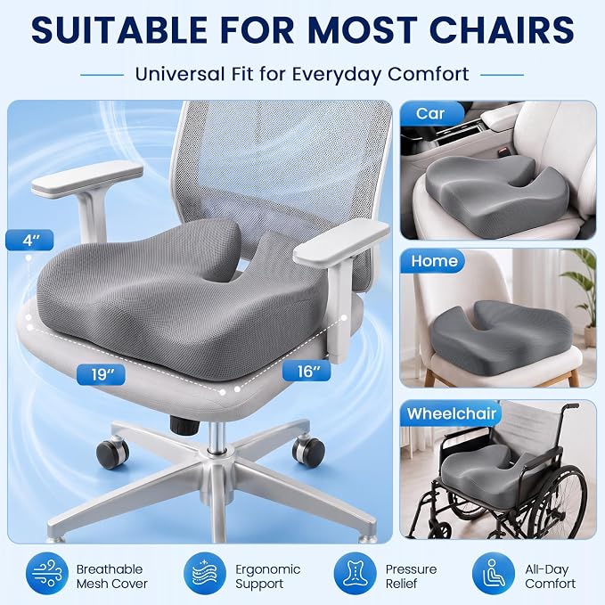 CJACSOC Seat Cushion, Extra Large Memory Foam Cushion for Office Chair Cushions, Ergonomic Cushions Pad Pillow for Pressure Relief Sciatica & Pain Relief for Long Sitting, Grey - Image 6
