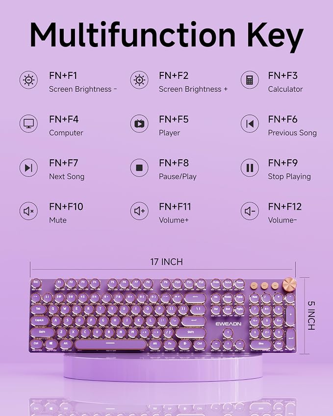 EWEADN V20 Typewriter Keyboard Wireless, 104 Keys Typewriter Style Mechanical with White Backlit, Media Knob, Pink Switch 2.4G/Bluetooth/USB-A Wired Retro Full Size Keyboard for Windows/Mac/PC-Purple - Image 8