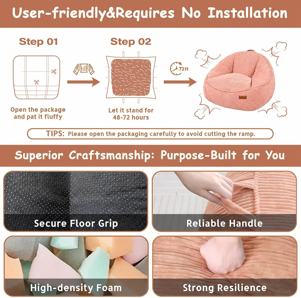 Bean Bag Chair, Cozy Fluffy Beanbag Chairs with Filler for Teens and Kids, Floor Lazy Sofa for Living Room Gaming & Reading (S-Peachpink) - Image 5