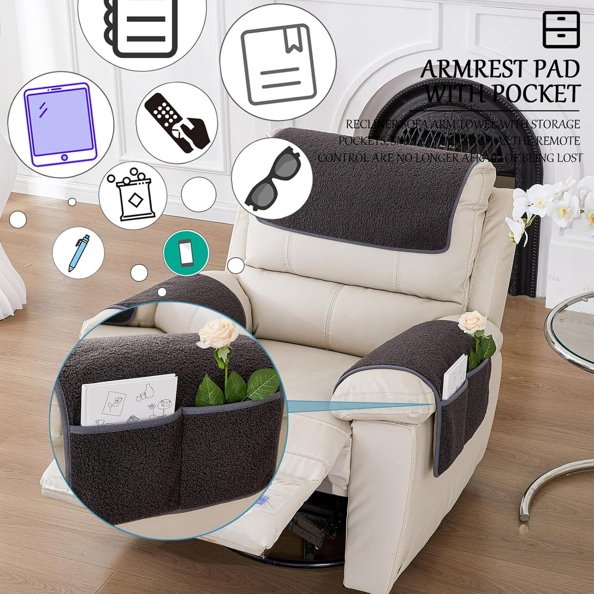 Armrest Covers for Recliners Couch Arm Covers with Pockets for Sofa - Image 3