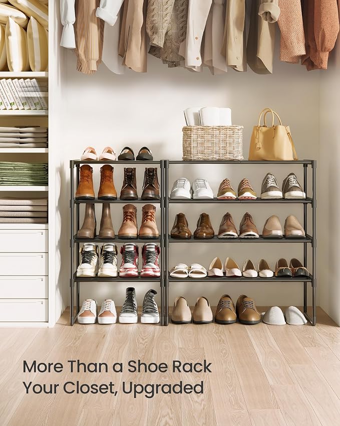 SONGMICS Shoe Rack, 4-Tier Shoe Organizer, Metal Storage Shelf | for Entryway, Upright or Upside Down, for 10-15 Pairs, Stackable, 11.8 x 26.8 x 28.9 Inches, Black ULSA204B01 - Image 9