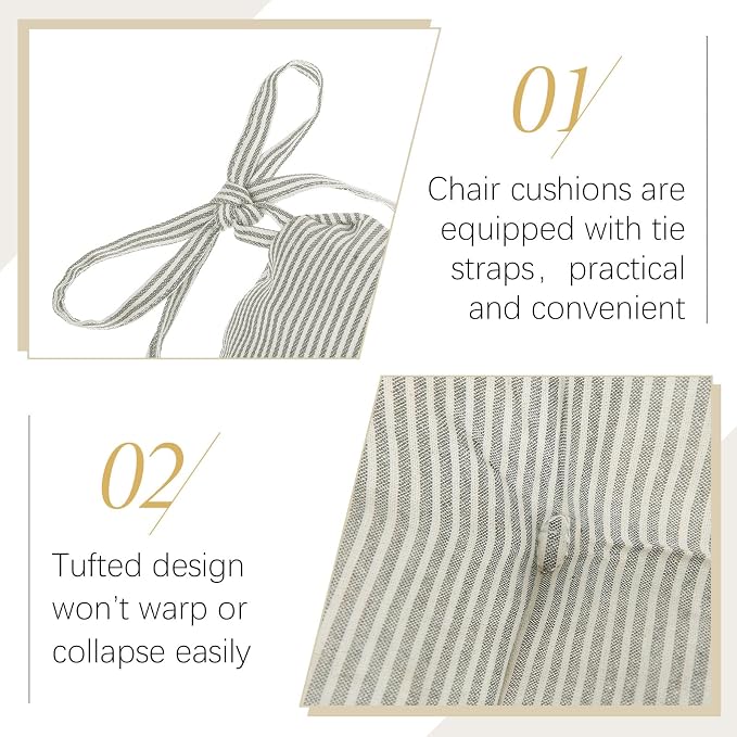Geetery Gray and White 4 Pack Ticking Stripe Chair Cushions with Ties, 16"x15" Reversible Indoor Chair Pads for Dining Chairs, Soft Kitchen Seat Cushions for Home Office Living Room - Image 5