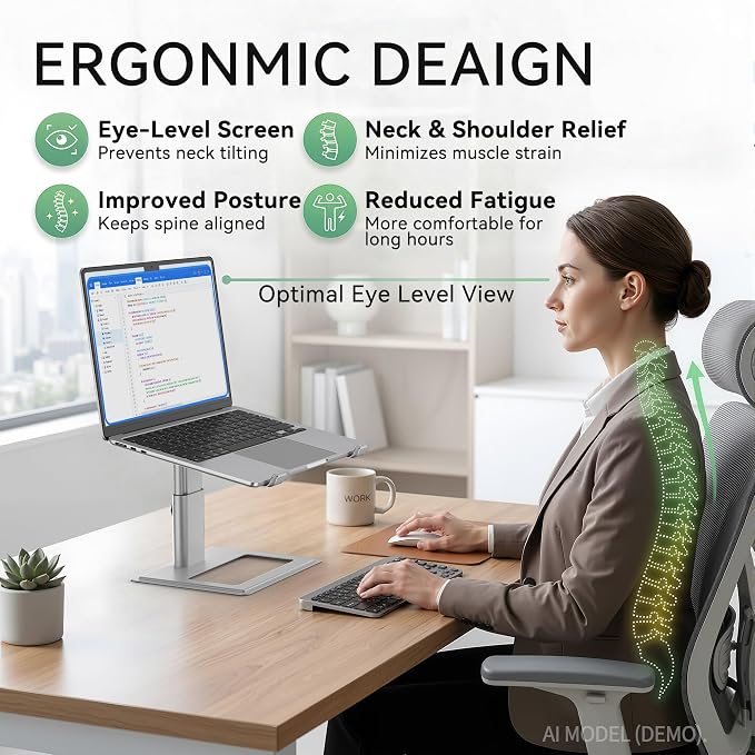SOUNDANCE Adjustable Laptop Stand for Desk, Computer Stand, Ergonomic Laptop Riser Holder Compatible with 10 to 17.3 Inches Notebook PC Computer, Aluminum Silver - Image 2