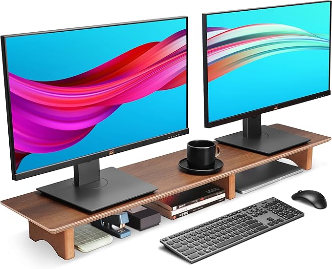 Aothia Solid Wood Dual Monitor Stand Riser for Desk, 43 Inch Black Walnut Computer Monitor Riser with Cork Legs, Extra Long Desktop Organizer Shelf for 2 Monitors, Laptop & Printer by AothiaSimpleNaturalUnique