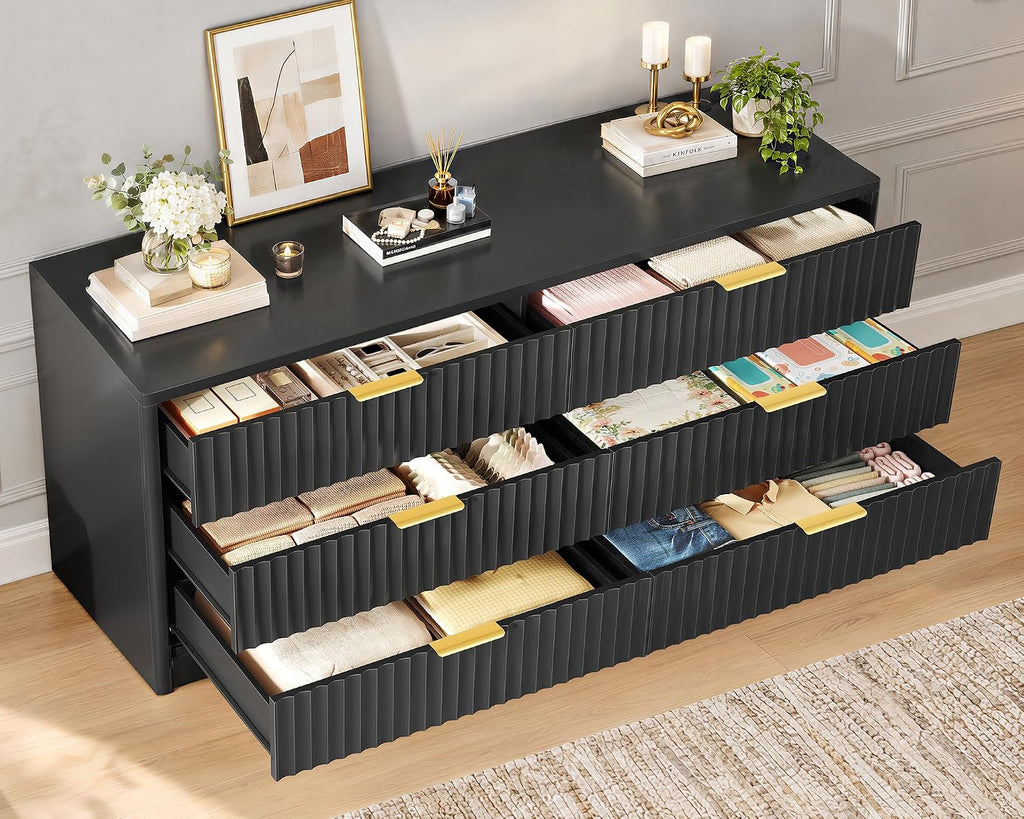 TEENFON 56.3'' Dresser for Bedroom with 6 Drawers, Dressers & Chest of Drawers with Curved Profile Design, 6 Drawer Dresser, Fluted Dressers, Wood Dressers for Bedroom, Living Room, Black - Image 3