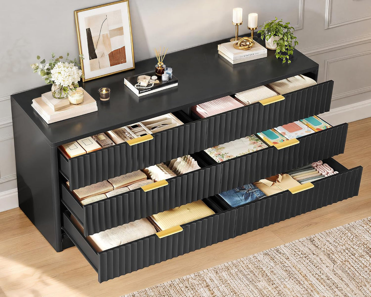 TEENFON 56.3'' Dresser for Bedroom with 6 Drawers, Dressers & Chest of Drawers with Curved Profile Design, 6 Drawer Dresser, Fluted Dressers, Wood Dressers for Bedroom, Living Room, Black - Image 3