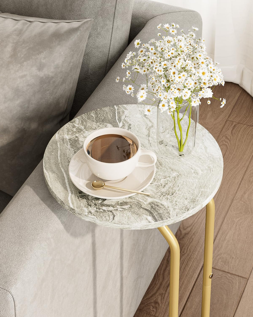 C-Shaped End Table Set of 2, Side Table for Couch, Marble and Gold - Image 6