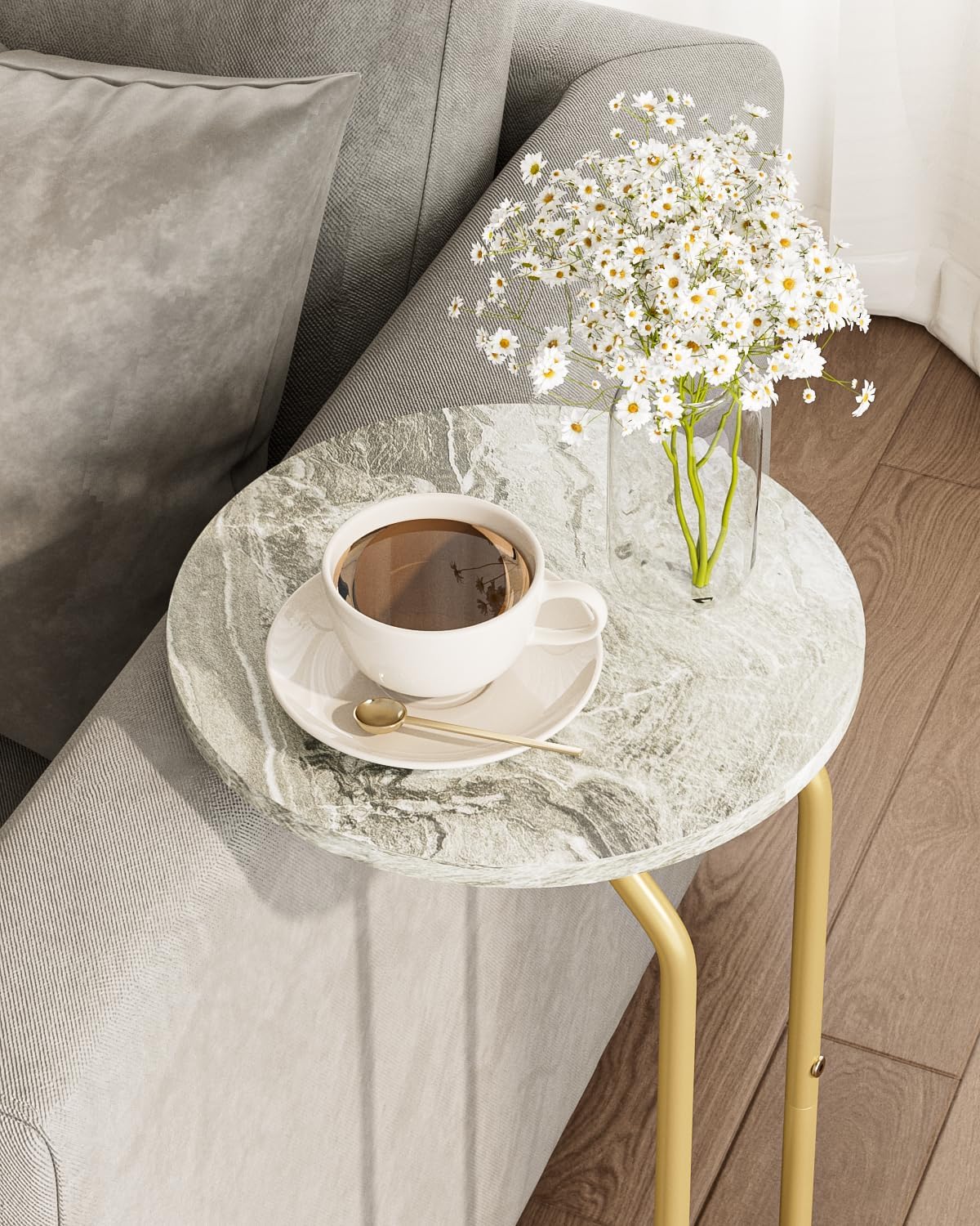 C-Shaped End Table Set of 2, Side Table for Couch, Marble and Gold - Image 6