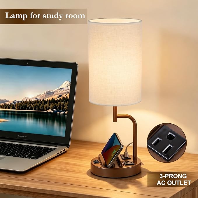 Dreamholder 2 Pack Table Lamp, Bedside Lamp with 3 USB Charging Ports & AC Outlet, USB Desk Lamp with 2 Phone Holders, Linen Fabric Shade Nightstand Lamps for Bedroom Living Room Office, Coffee Brown - Image 5
