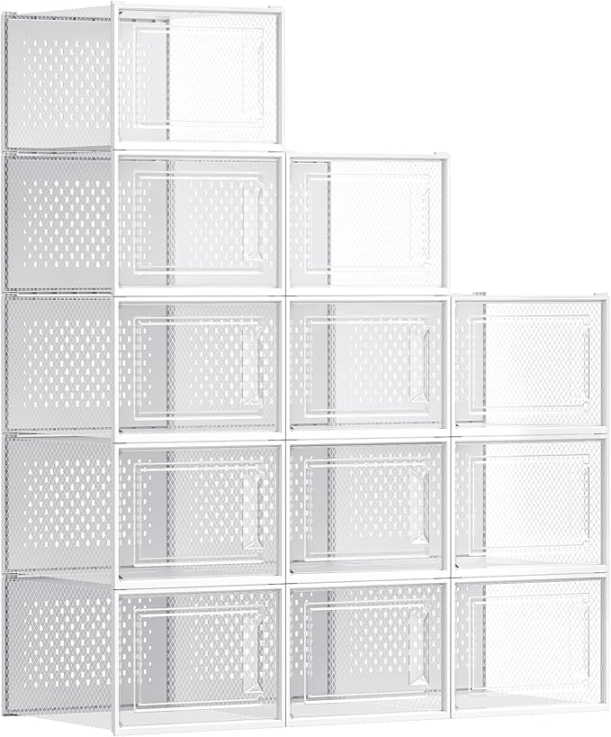 SONGMICS Shoe Boxes, Clear Plastic Sneaker Box, Pack of 12 | Stackable Shoe Storage Organizers, for Closet, 13.1 x 9.9 x 7.4 Inches, Transparent and White, DENNYS Collection ULSP12MWT by Unknown