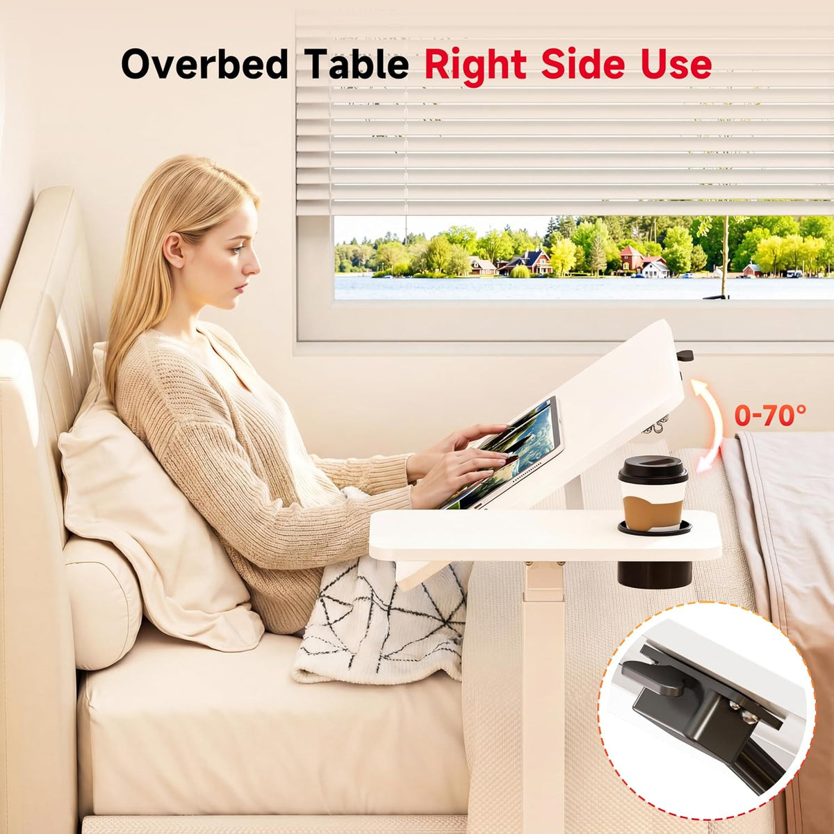 Okin Overbed Bedside Table with Wheels, Adjustable Medical Tilt Top Hospital Bed Table Over The Bed, Rolling Desk Mobile Standing Desk for Hospital Home Use (White) - Image 4