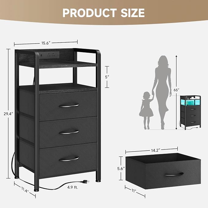 Lazzanto Nightstand with Rear Charging Station, LED Light, 3 Drawers, Black | Industrial Nightstand, 2 USB-A Ports & AC Outlets, Raised Back Guard, Fabric Storage Drawers, Bedside Table for Bedroom, Dorm - Image 3