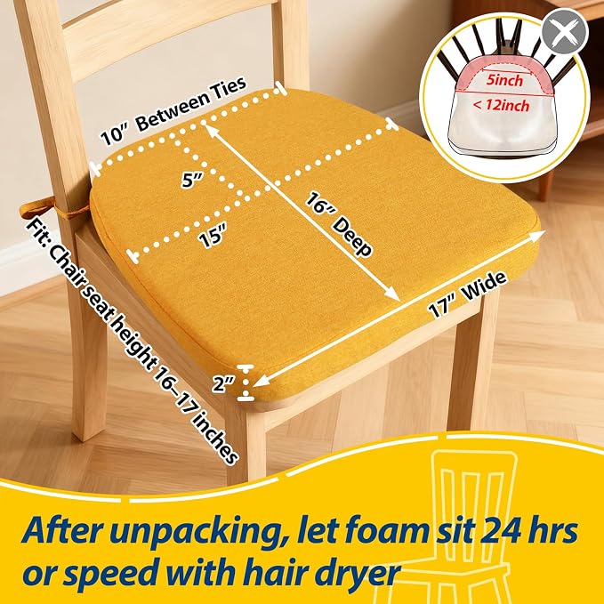 AAAAAcessories D-Shaped Chair Cushions, 2" Thick Dining Chair Pads with Ties and Removable, Machine-Washable Cover, 17" x 16", Set of 2, Golden Orange - Image 2