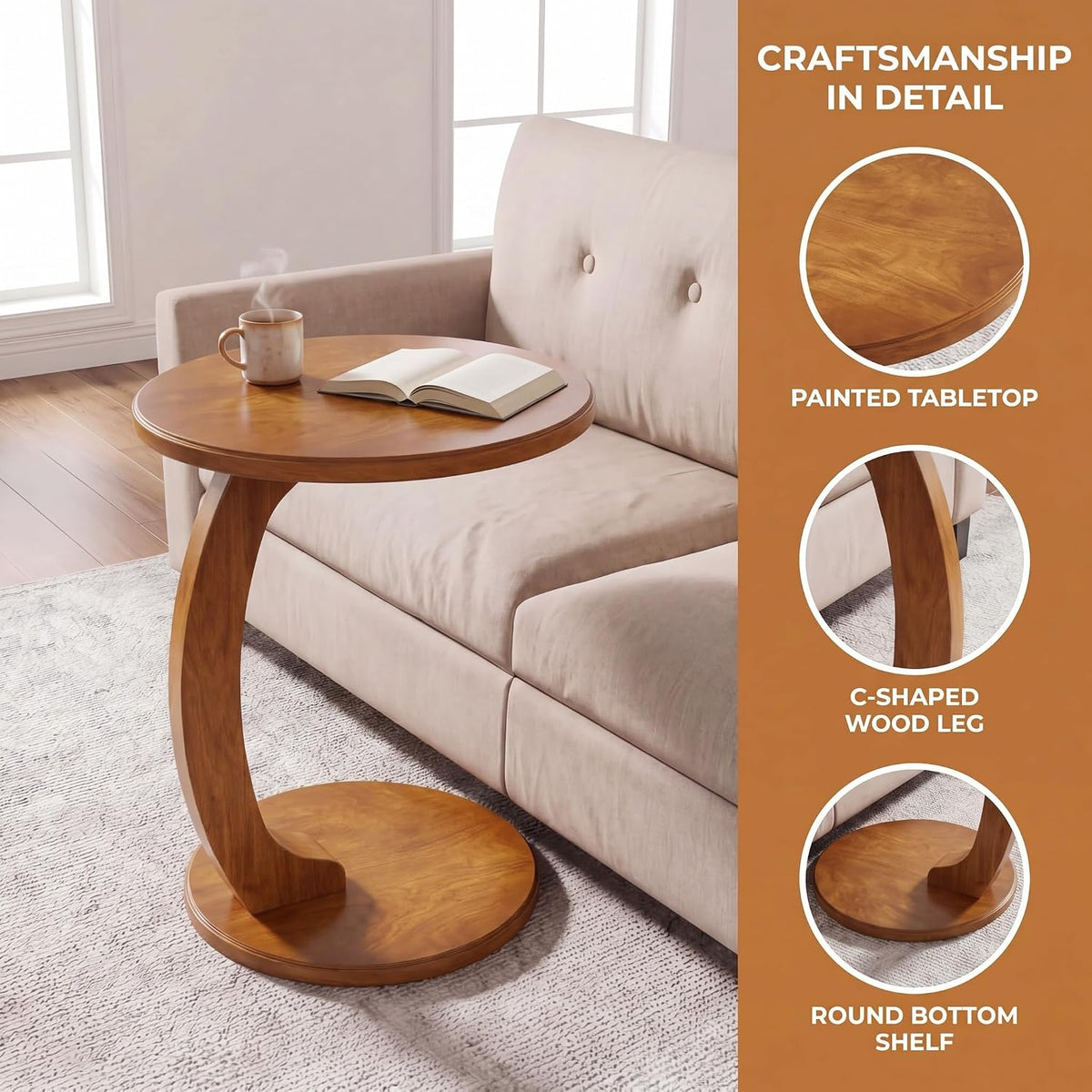 Tribesigns C Shaped End Table, Round Wood Side Table, Mid-Century Modern Style, Heavy Base, for Living Room, Bedroom, Small Space, Brown - Image 7