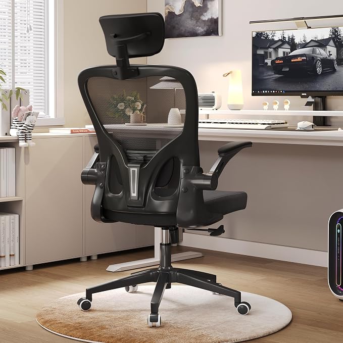 Monhey Office Chair Ergonomic Desk Chair with Lumbar Support&Headrest&Flip-up Arms Height Adjustable Rocking Swivel High Computer Chair Multi-Angle from 90° to 125° with 350LBS Capacity (03All Black) by Monhey-EasyErgonomicChair