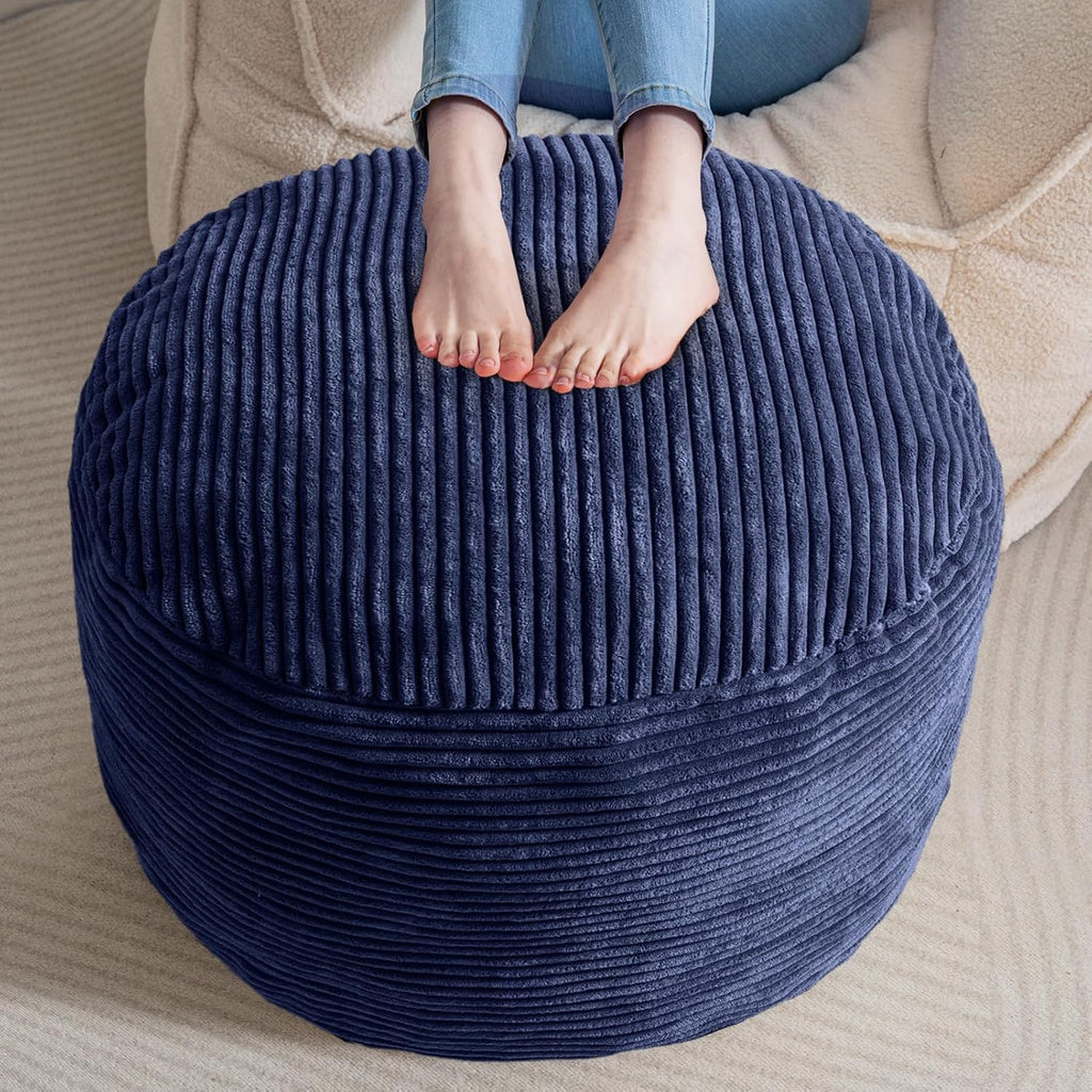 HIGOGOGO Round Stuffed Pouf Ottoman, Corduroy Poufs with Foam Chunk Filling, Furry and Fluffy Pouf Foot Stool Storage Ottoman, 26 X 18 Floor Poufs Foot Rest for Living Room, Navy by HIGOGOGO
