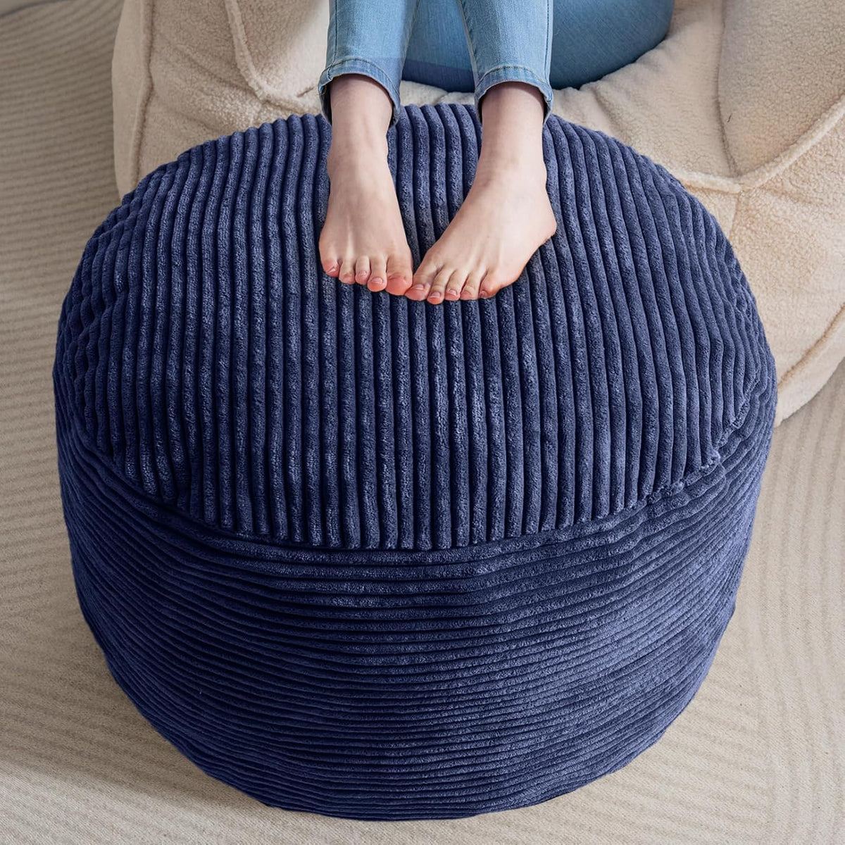 HIGOGOGO Round Stuffed Pouf Ottoman, Corduroy Poufs with Foam Chunk Filling, Furry and Fluffy Pouf Foot Stool Storage Ottoman, 26 X 18 Floor Poufs Foot Rest for Living Room, Navy by HIGOGOGO