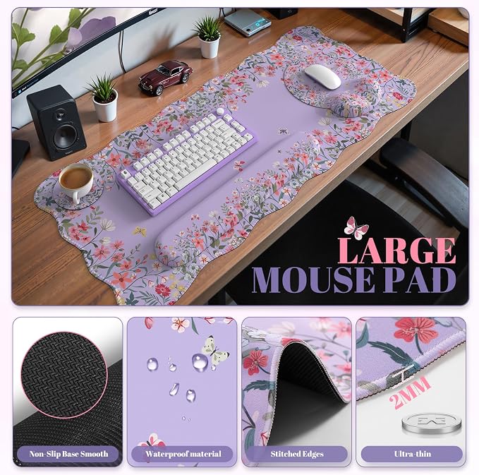 iCasso Computer Mat for Workspace, Purple 35.4"x15.7" Computer Pad | Ergonomic Desk Pad Including Keyboard Wrist Rest, Mousepad Set for Gaming Vanity Women Computer Setup - Image 2