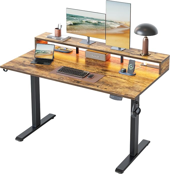 Klicelor Electric Standing Desk with Shelf, 55 Inch Height Adjustable Desk with Power Outlets & LED, Sit Stand Up Table with Monitor Stand, Computer Workstation for Home Office, Rustic Brown by Unknown