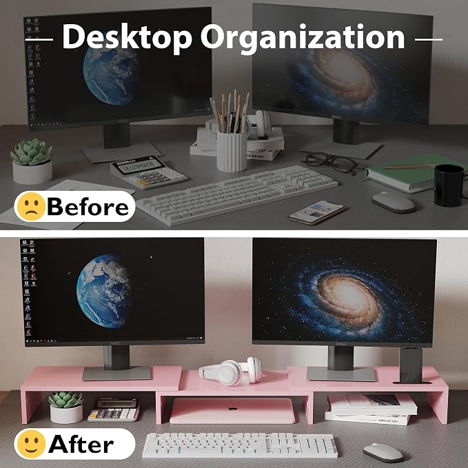 BONTEC Dual Monitor Stand Riser, Adjustable Length & Swivel Angle, Pink | Ergonomic Wooden Desktop Organizer with Smartphone Holder, Computer Monitor Stand for PC, Laptop, Printer and Large Storage - Image 2