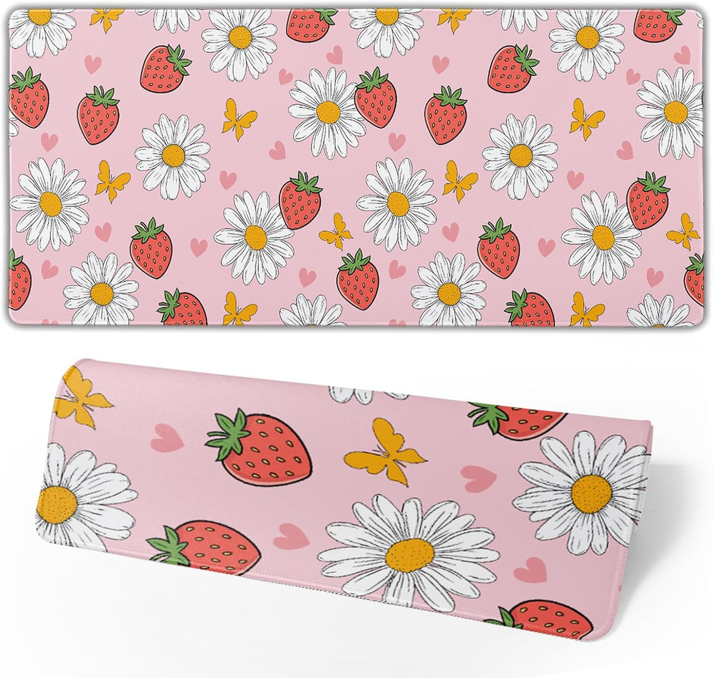 Strawberry Mouse Pad Pink Cute Desk Mat Large Gaming Mousepad Pink Keyboard Pad 31.5x11.8in Non-Slip Rubber Base Pastel Kawaii Mousepad Laptop for Office Gaming Computer Home Accessories Supplies - Image 2
