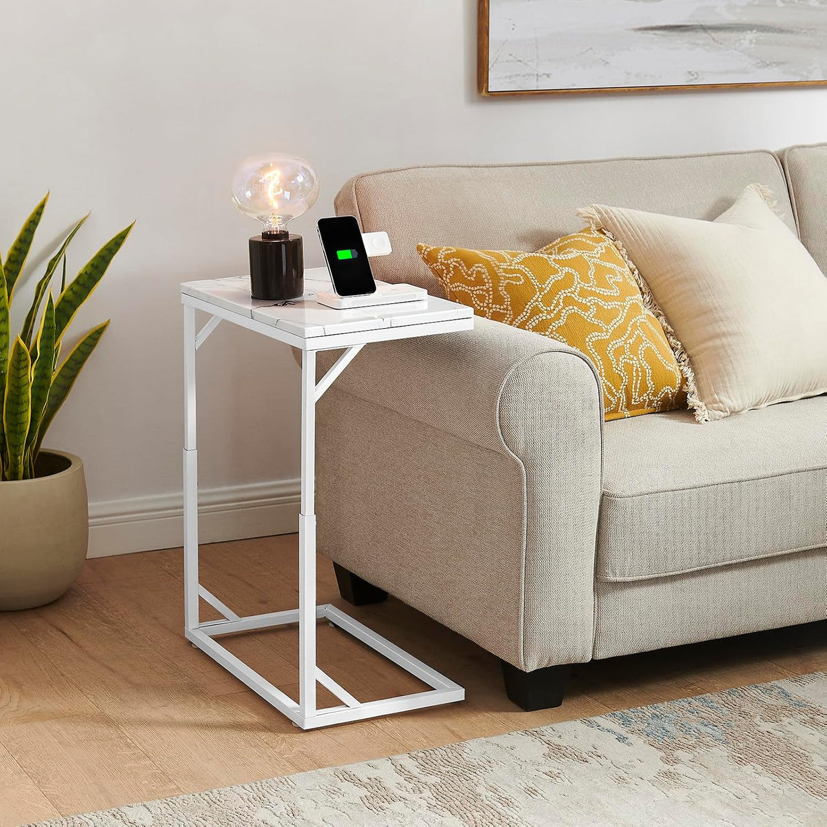 C-Shaped End Table, Small Sofa Table with Metal Frame, Adjustable Height Side Table for Couch, Living Room, Bedroom, Bedside (White, Medium) - Image 4