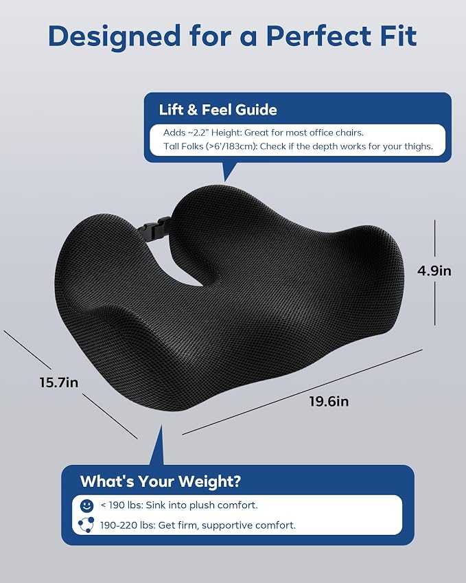 Seat Cushion for Office Chair - Memory Foam Tailbone Cushion | for Desk Chair, Car Seat and Wheelchair - Ergonomic Chair Pad for Hip and Lower Back Comfort - Image 4