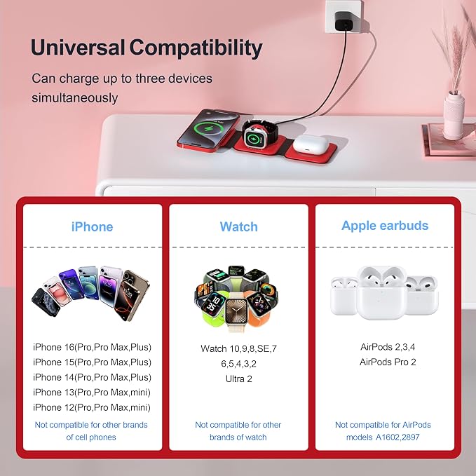 3 in 1 Charging Station for Multple Devices,Foldable 3 in 1 Wireless Charger for Travel,Nano Wireless Charging Station for iPhone16 15 14 13 12 Pro Max/Watch 10 9 8 7 6 5 4 3 Ultra/AirPod Pro - Image 4