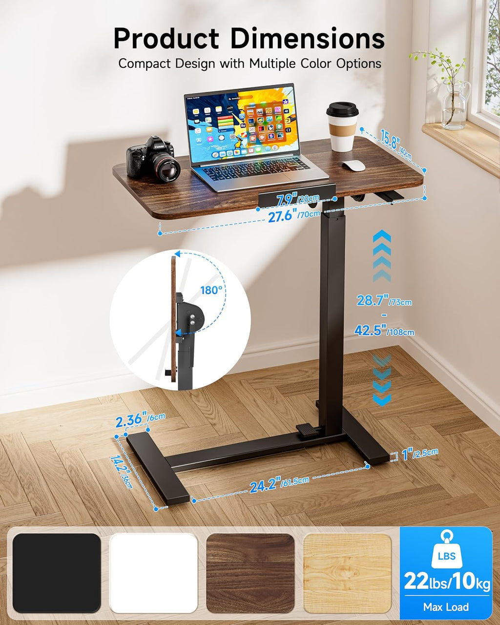Mobile Standing Desk Laptop Desk Pneumatic with Wheels 180° Tilt Top Hospital Bed Table Portable Rolling Cart Foldable Bedside Table for Hospital&Home Use, Walnut - Image 2