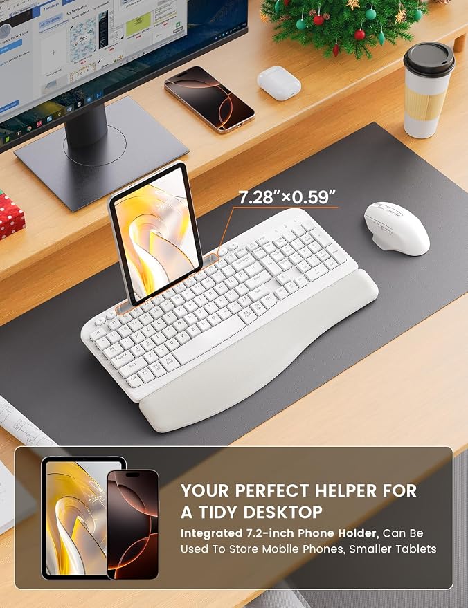 Wireless Keyboard and Mouse Combo with Ergonomic Wave Key | Leather Soft Palm Rest, Rechargeable, 4-Level DPI, Phone Holder, 2.4GHz, MA22 Plus Full Size Set for PC, Laptop, Windows, Mac - Image 7