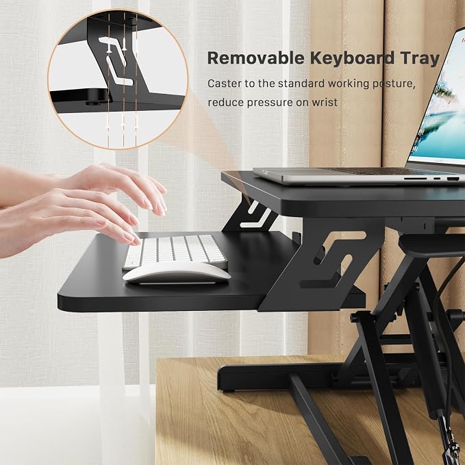 JOY worker Standing Desk Converter, 32" Height Adjustable Sit Stand Riser | Black Desktop Sit to Stand Riser with Fixed Keyboard Tray, Monitor and Laptop Workstation, Particle Board, for Home Office - Image 6